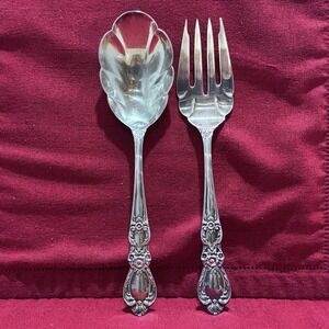 VINTAGE SERVING FORK and SPOON 1847 ROGERS BROS SILVER IS HERITAGE PATTERN 9"